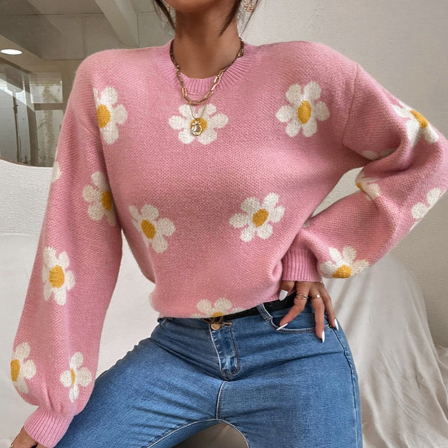 Casual Flower Pattern Crew Sweater