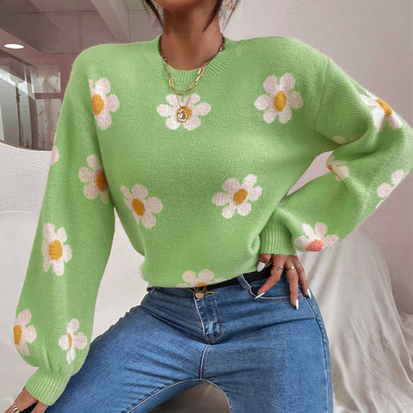 Casual Flower Pattern Crew Sweater