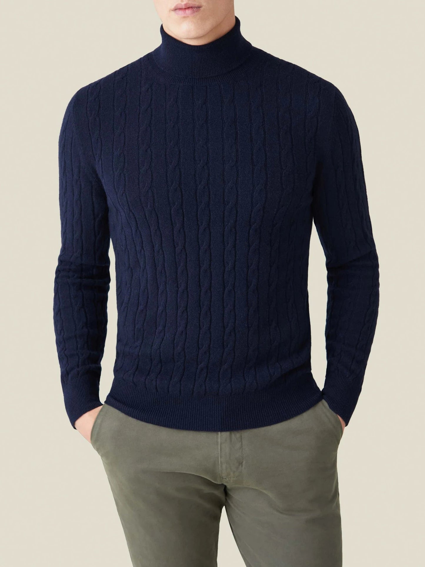 Knit Sweater – Polyester Blend Cable Knit & Neck Coverage