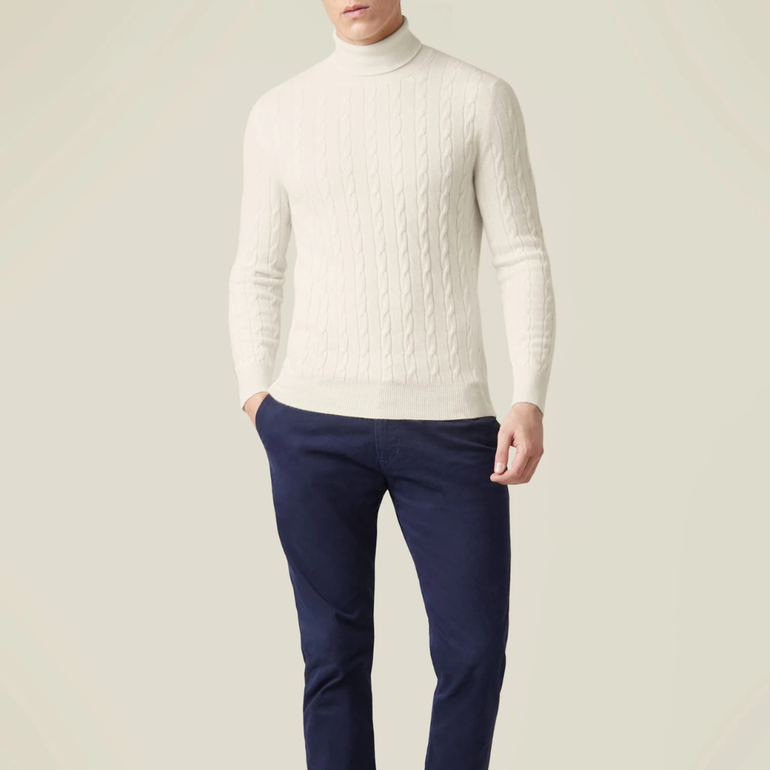 Knit Sweater – Polyester Blend Cable Knit & Neck Coverage