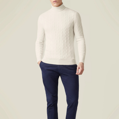 Knit Sweater – Polyester Blend Cable Knit & Neck Coverage