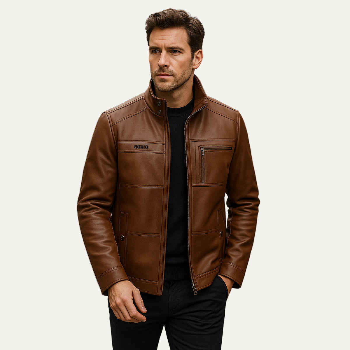 VogeLuxe | Men’s Zip Up Leather Jacket with Stand Collar