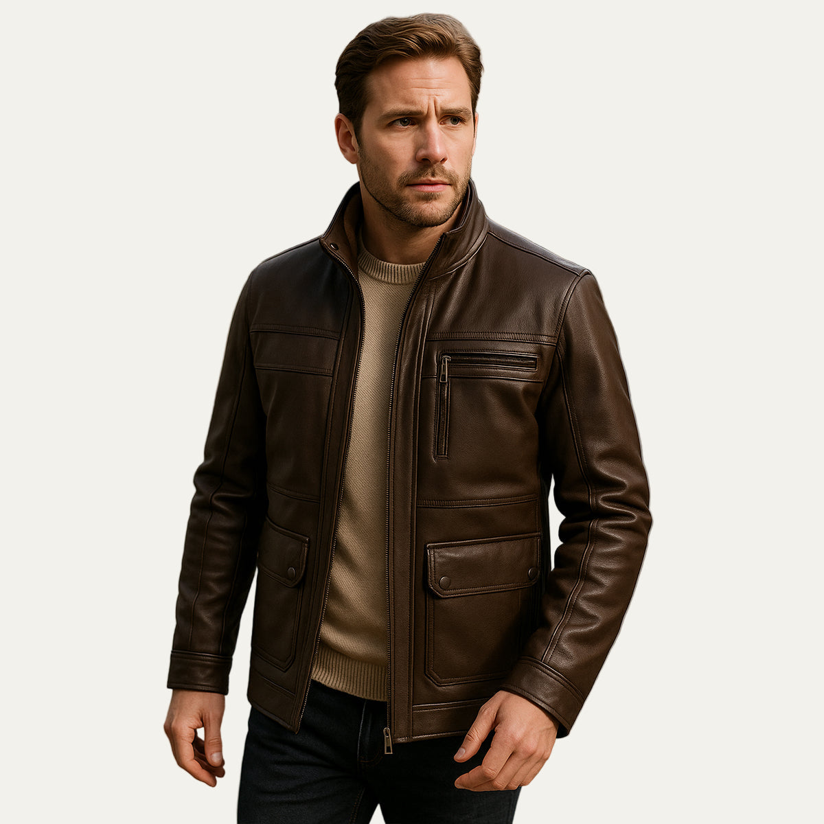 VogeLuxe | Men’s Zip Up Leather Jacket with Stand Collar
