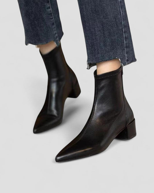 Leather Ankle Boots with Back Zip and Block Heel
