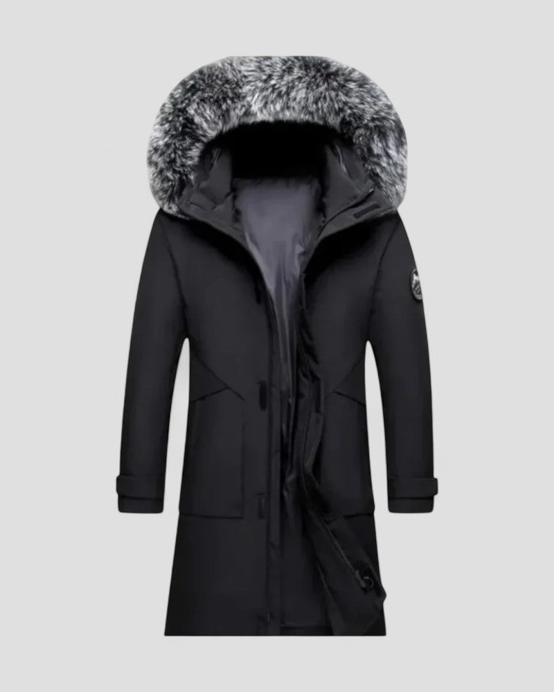 Long Winter Parka Coat with Faux Fur Hood For Men