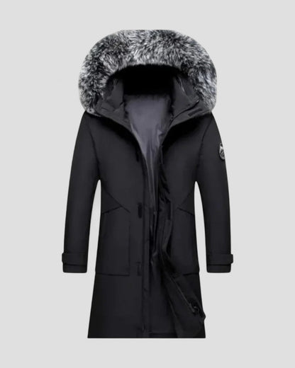 Long Winter Parka Coat with Faux Fur Hood For Men