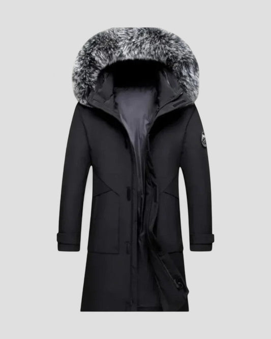 Long Winter Parka Coat with Faux Fur Hood For Men