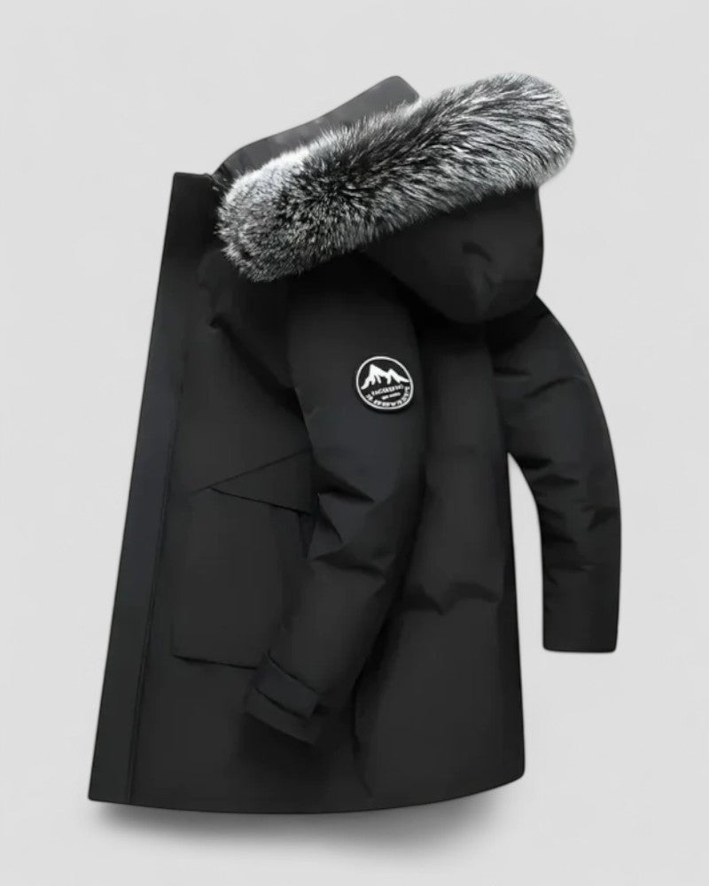 Long Winter Parka Coat with Faux Fur Hood For Men