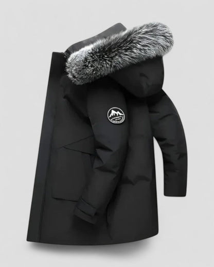 Long Winter Parka Coat with Faux Fur Hood For Men