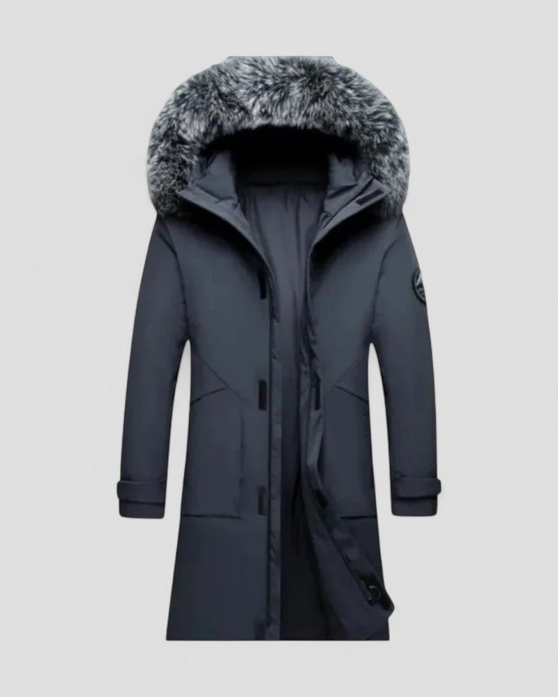 Long Winter Parka Coat with Faux Fur Hood For Men