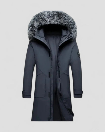 Long Winter Parka Coat with Faux Fur Hood For Men