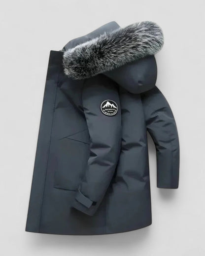 Long Winter Parka Coat with Faux Fur Hood For Men