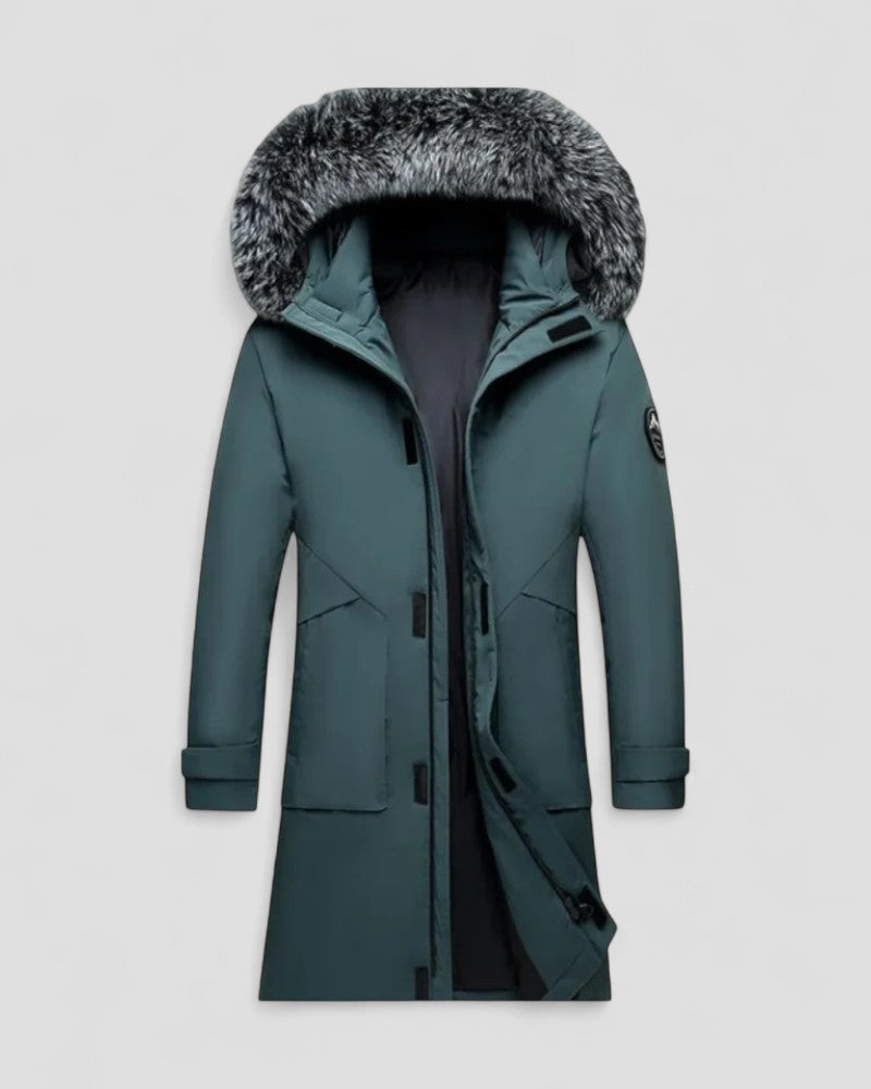 Long Winter Parka Coat with Faux Fur Hood For Men