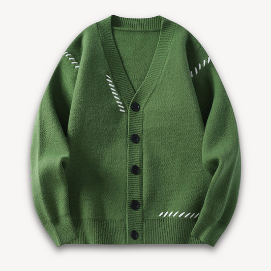 VogeLuxe | Men’s Decorative Stitch V-Neck Cardigan