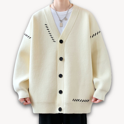 VogeLuxe | Men’s Decorative Stitch V-Neck Cardigan