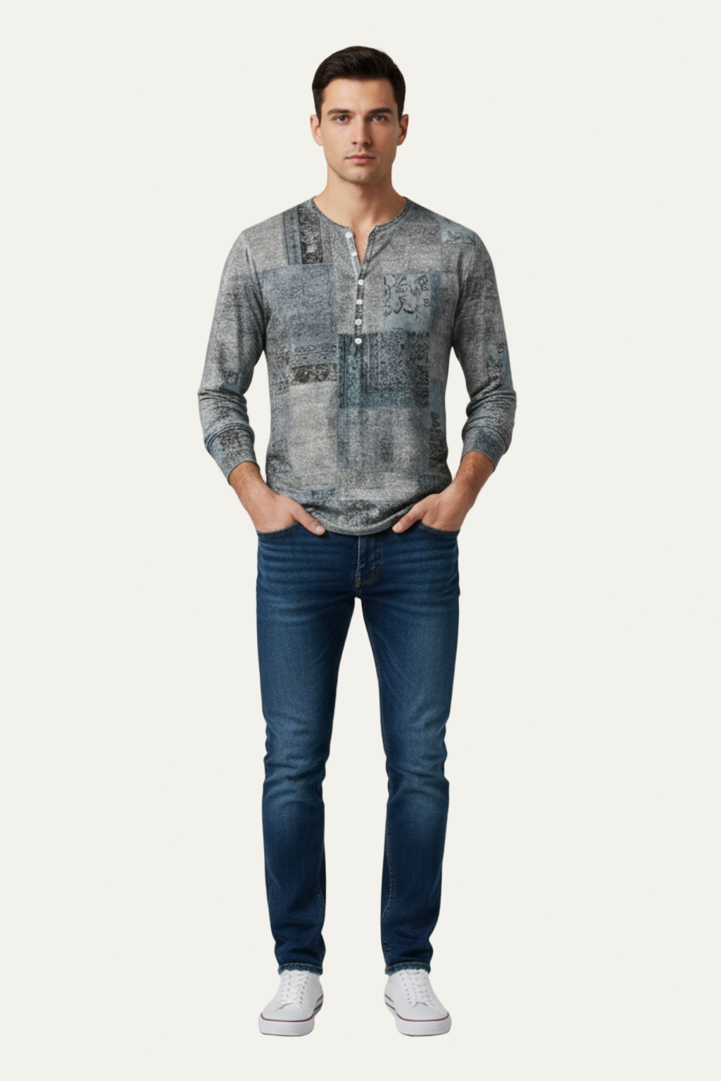 VogeLuxe | Men’s Printed Long Sleeve Henley Shirt