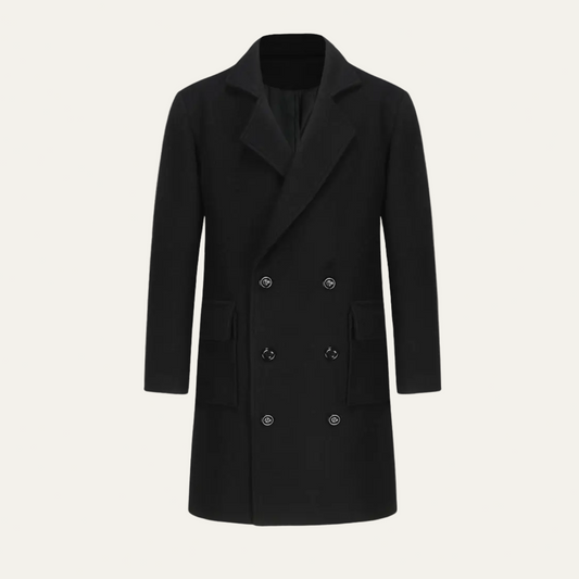 Men’s Black Double-Breasted Overcoat – Tailored Long Coat for Business & Winter Wear 0