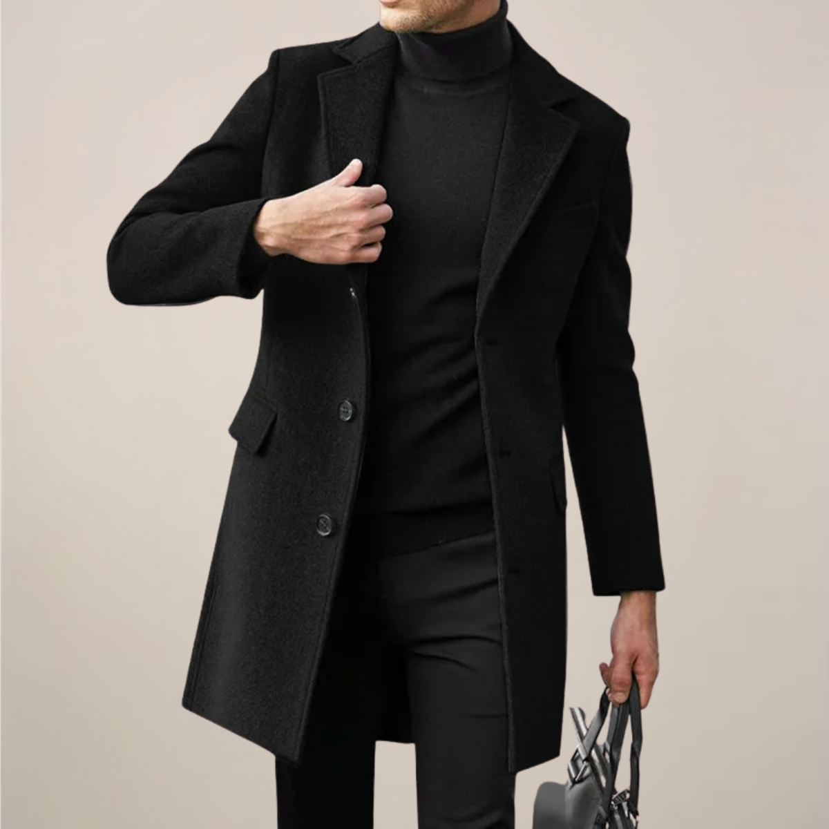 Men’s Black Long Overcoat – Tailored Single-Breasted Coat for Formal & Winter Wear 0