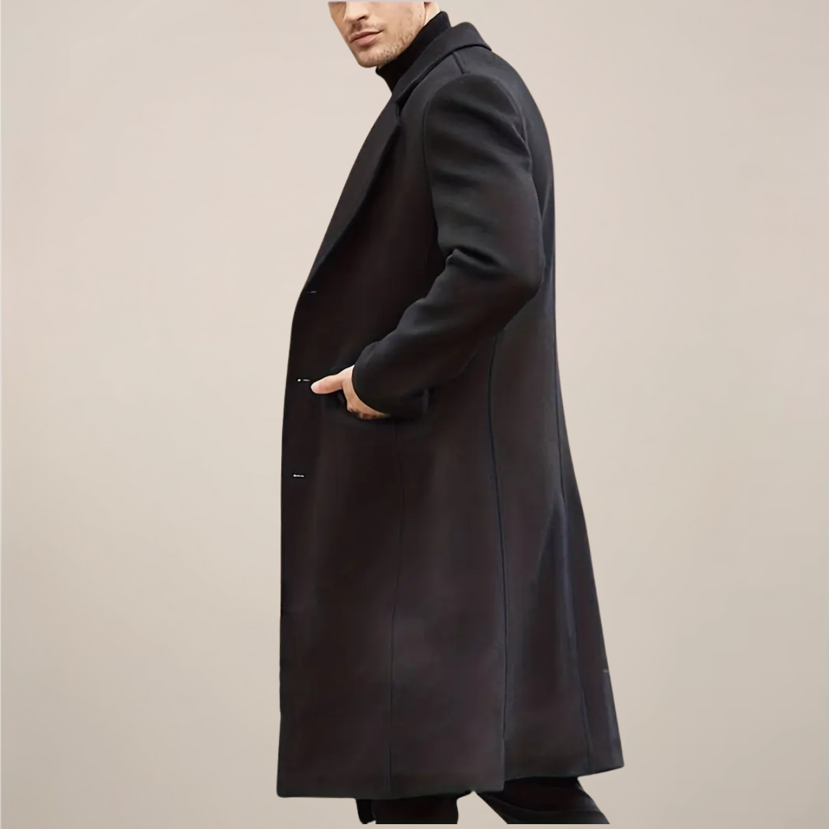 Men’s Black Long Overcoat – Tailored Single-Breasted Coat for Formal & Winter Wear 1