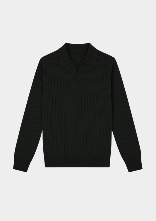 Men’s Black Ribbed Polo Sweater with Open Collar – Smart Casual Knit 0