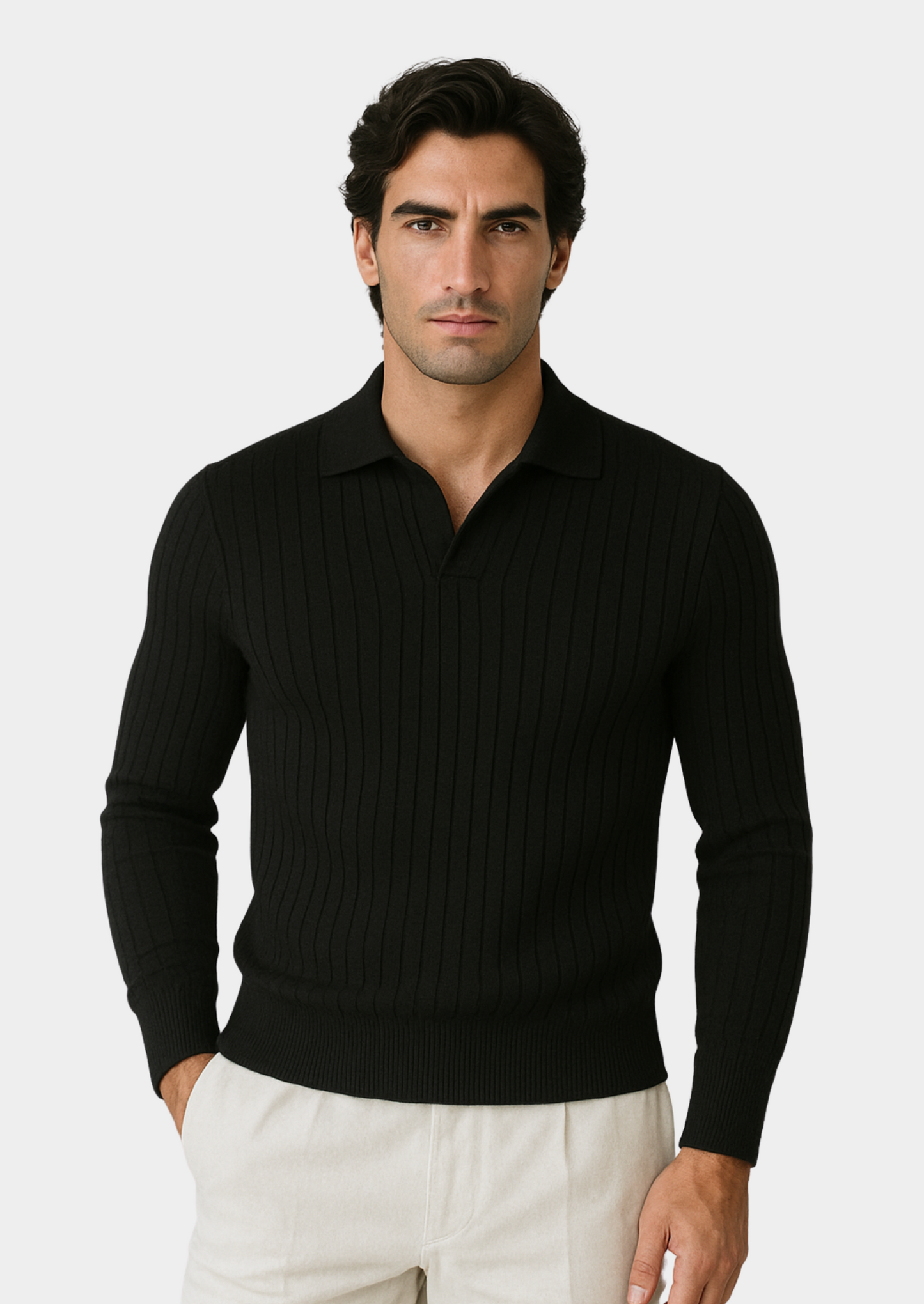 Men’s Black Ribbed Polo Sweater with Open Collar – Smart Casual Knit 1