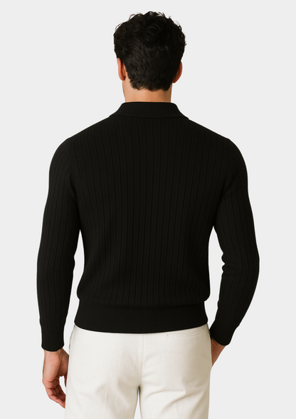 Men’s Black Ribbed Polo Sweater with Open Collar – Smart Casual Knit 2