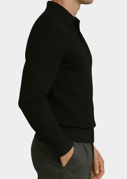 Men’s Black Ribbed Polo Sweater with Open Collar – Smart Casual Knit 3