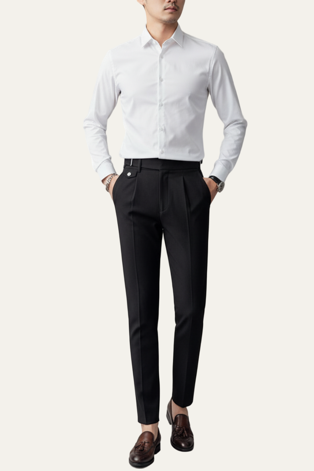 Men’s British Business Trousers – Tailored Pleated Fit with Waist Detail 1