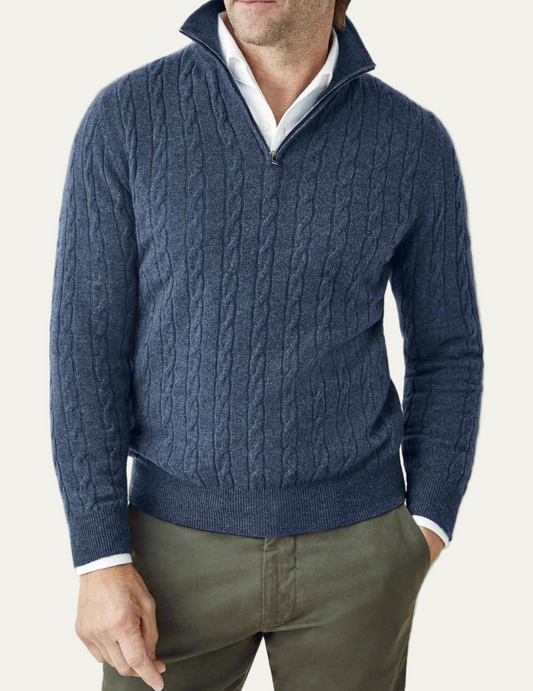 Men’s Cable-Knit Quarter-Zip Sweater – Classic Funnel Neck Knit Wear 0