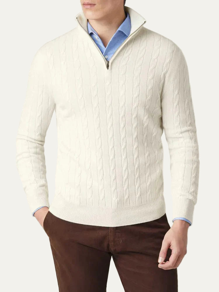 Men’s Cable Knit Half Zip Jumper – Stand Collar, Rib Trim 0