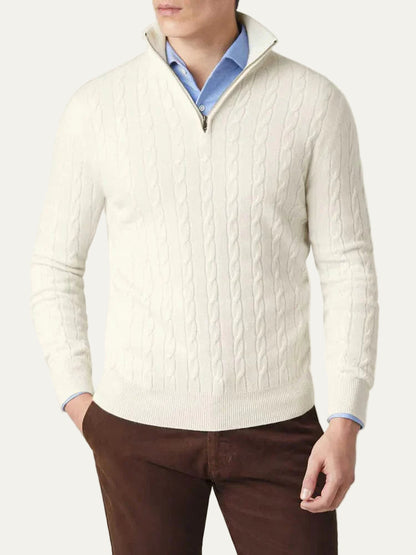 Men’s Cable Knit Half Zip Jumper – Stand Collar, Rib Trim 0