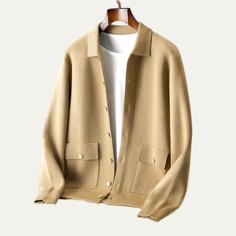 Men’s Cardigan Jacket – Knit Fabric – Relaxed Fit – Button Front – Lapel Collar – Patch Pockets 0
