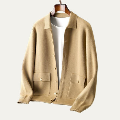 Men’s Cardigan Jacket – Knit Fabric – Relaxed Fit – Button Front – Lapel Collar – Patch Pockets 0
