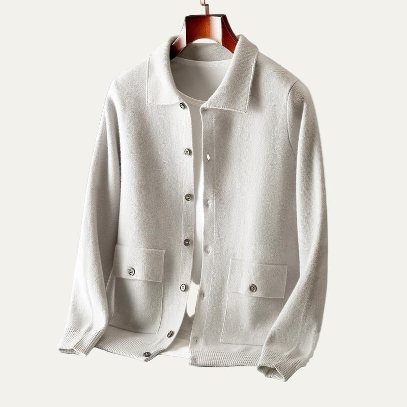 Men’s Cardigan Jacket – Knit Fabric – Relaxed Fit – Button Front – Lapel Collar – Patch Pockets 1