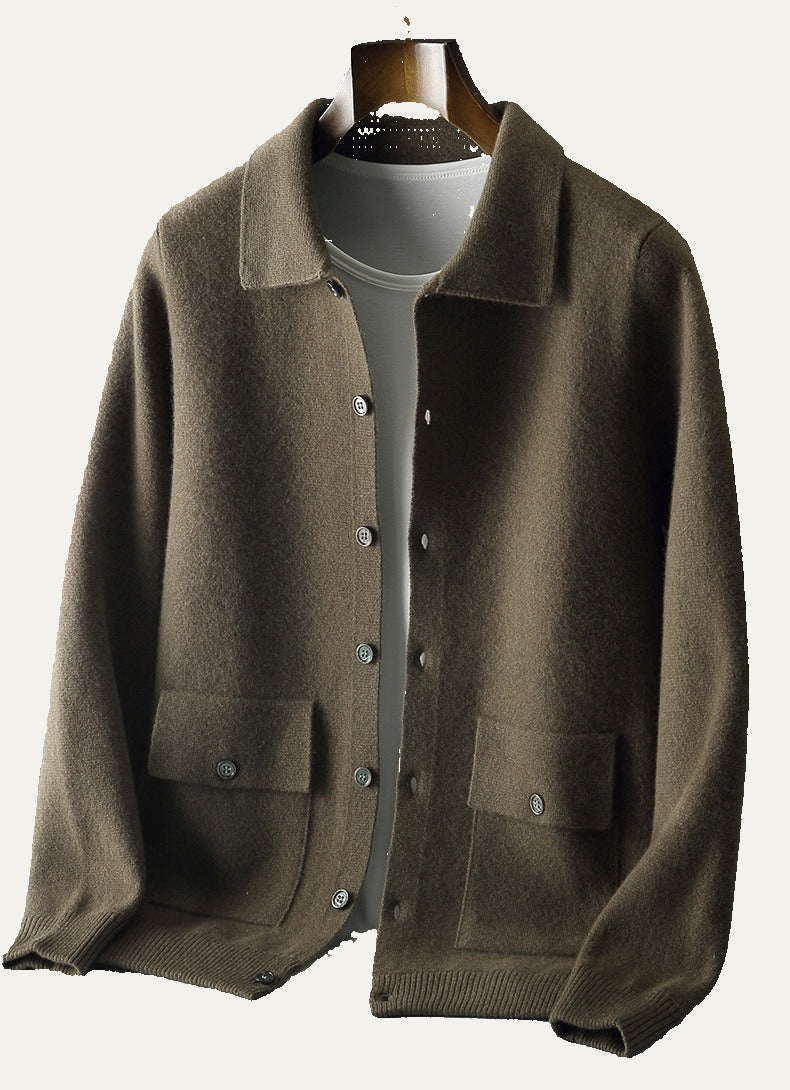 Men’s Cardigan Jacket – Knit Fabric – Relaxed Fit – Button Front – Lapel Collar – Patch Pockets 2