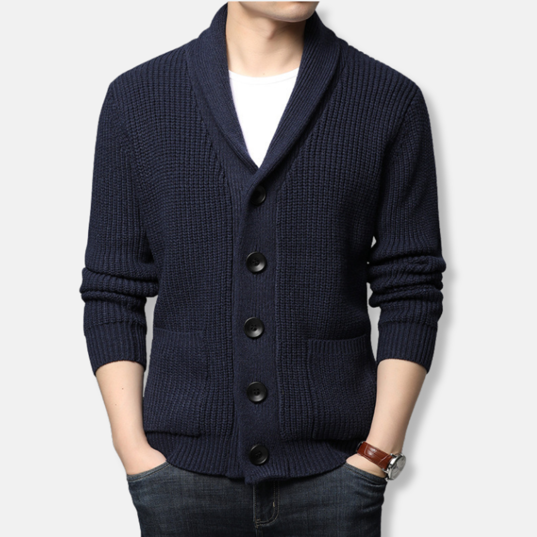 Men’s Cardigan Sweater – Regular Fit – Chunky Ribbed Knit – Shawl Collar – Button Front 0
