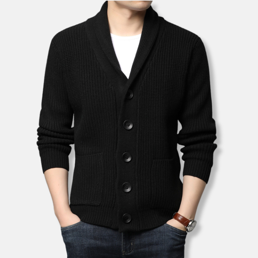 Men’s Cardigan Sweater – Regular Fit – Chunky Ribbed Knit – Shawl Collar – Button Front 1