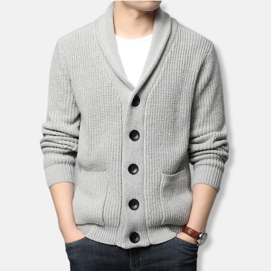 Men’s Cardigan Sweater – Regular Fit – Chunky Ribbed Knit – Shawl Collar – Button Front 4