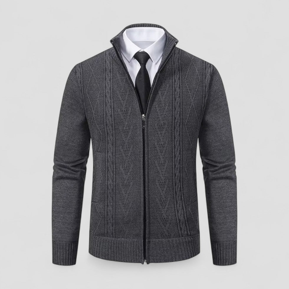 Men’s Cashmere Full Zip Knitted Sweater with Textured Pattern