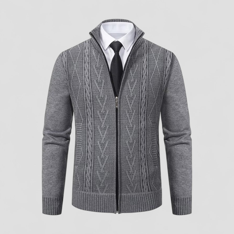 Men’s Cashmere Full Zip Knitted Sweater with Textured Pattern