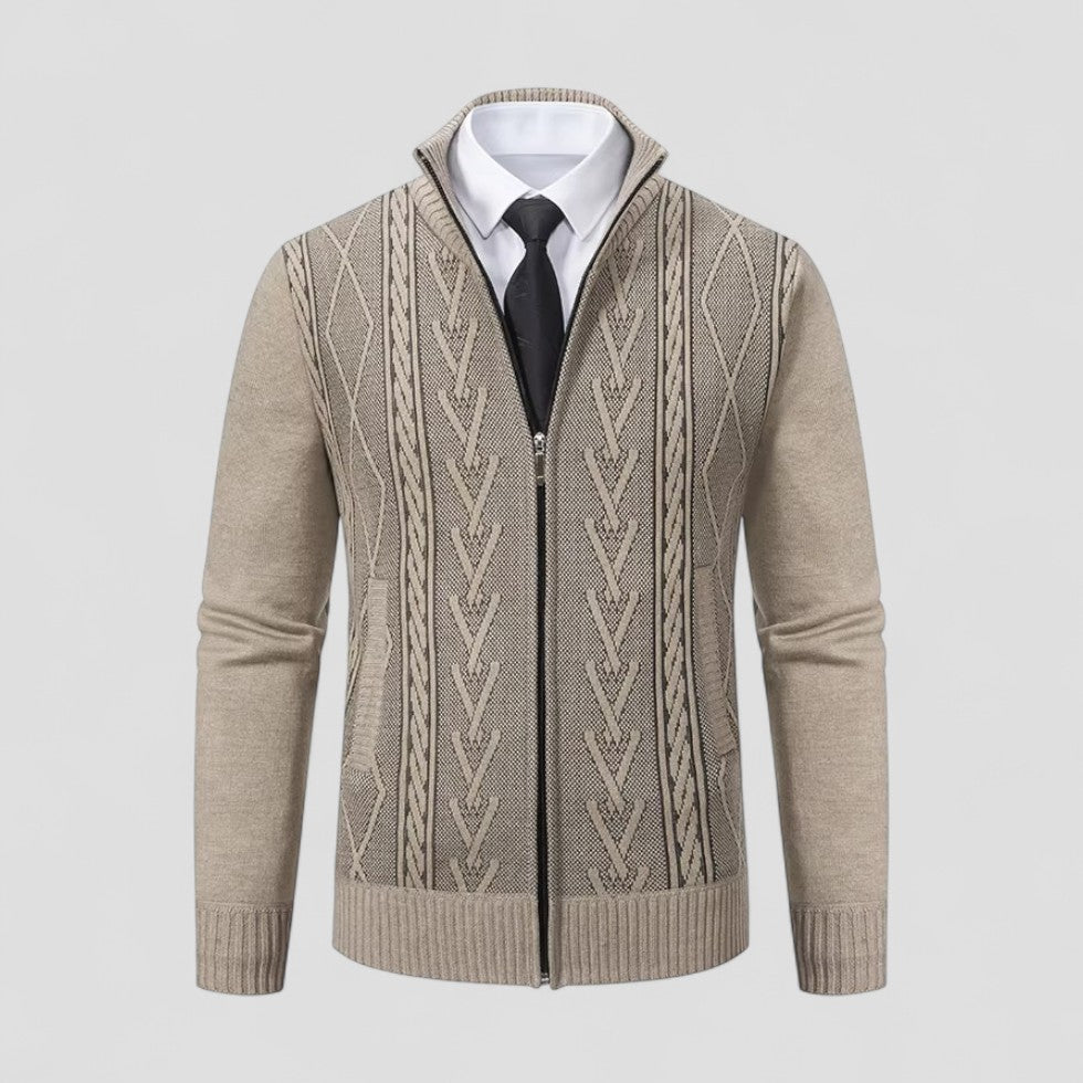 Men’s Cashmere Full Zip Knitted Sweater with Textured Pattern