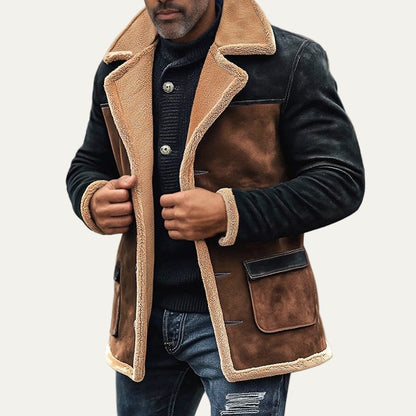 Men’s Casual Jacket – Faux Suede – Shearling Trim – Tailored Fit – Button Front 1