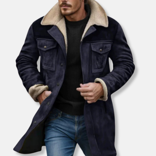 Men’s Casual Long Coat – Suede Texture – Faux Shearling Collar – Button-Up Front 0