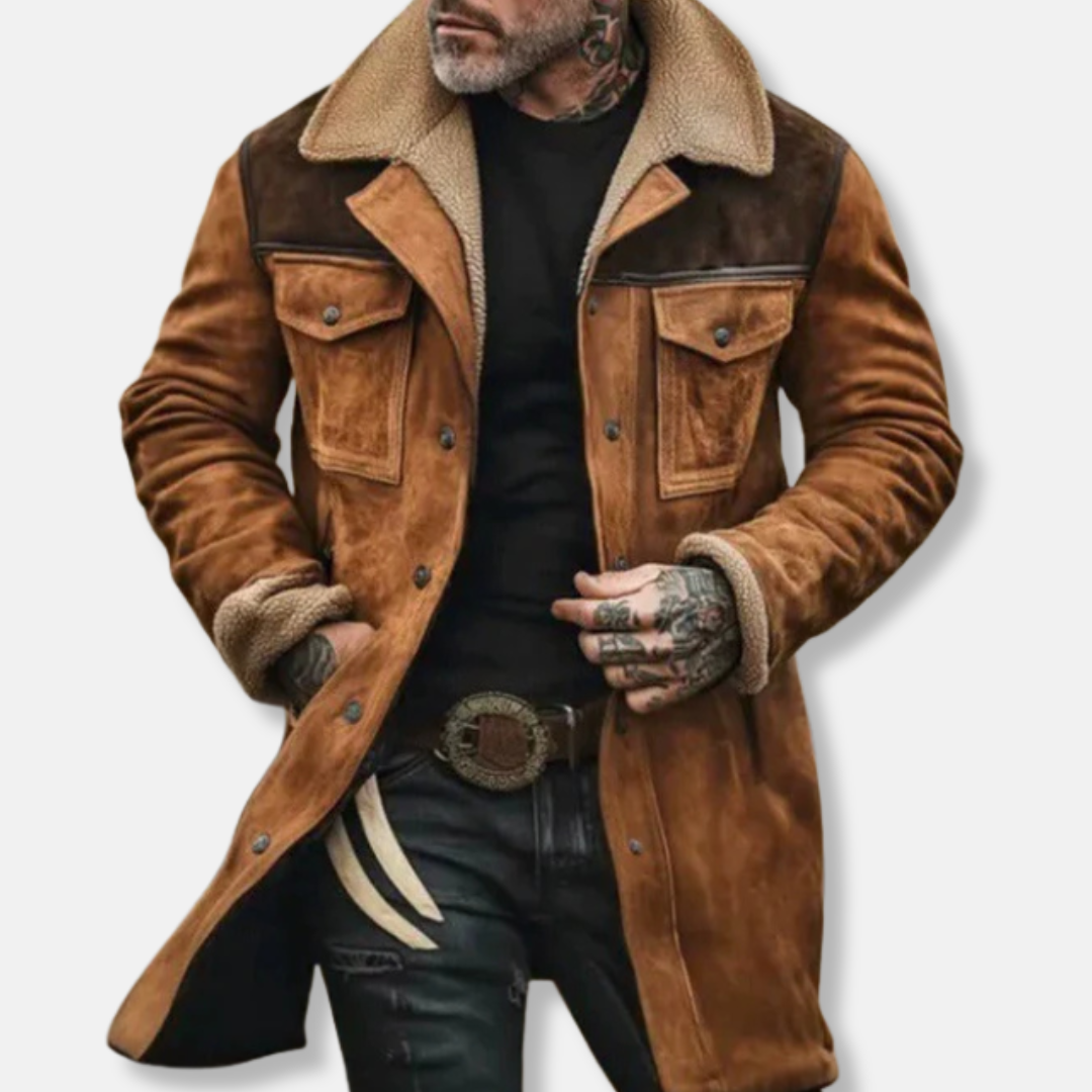 Men’s Casual Long Coat – Suede Texture – Faux Shearling Collar – Button-Up Front 1
