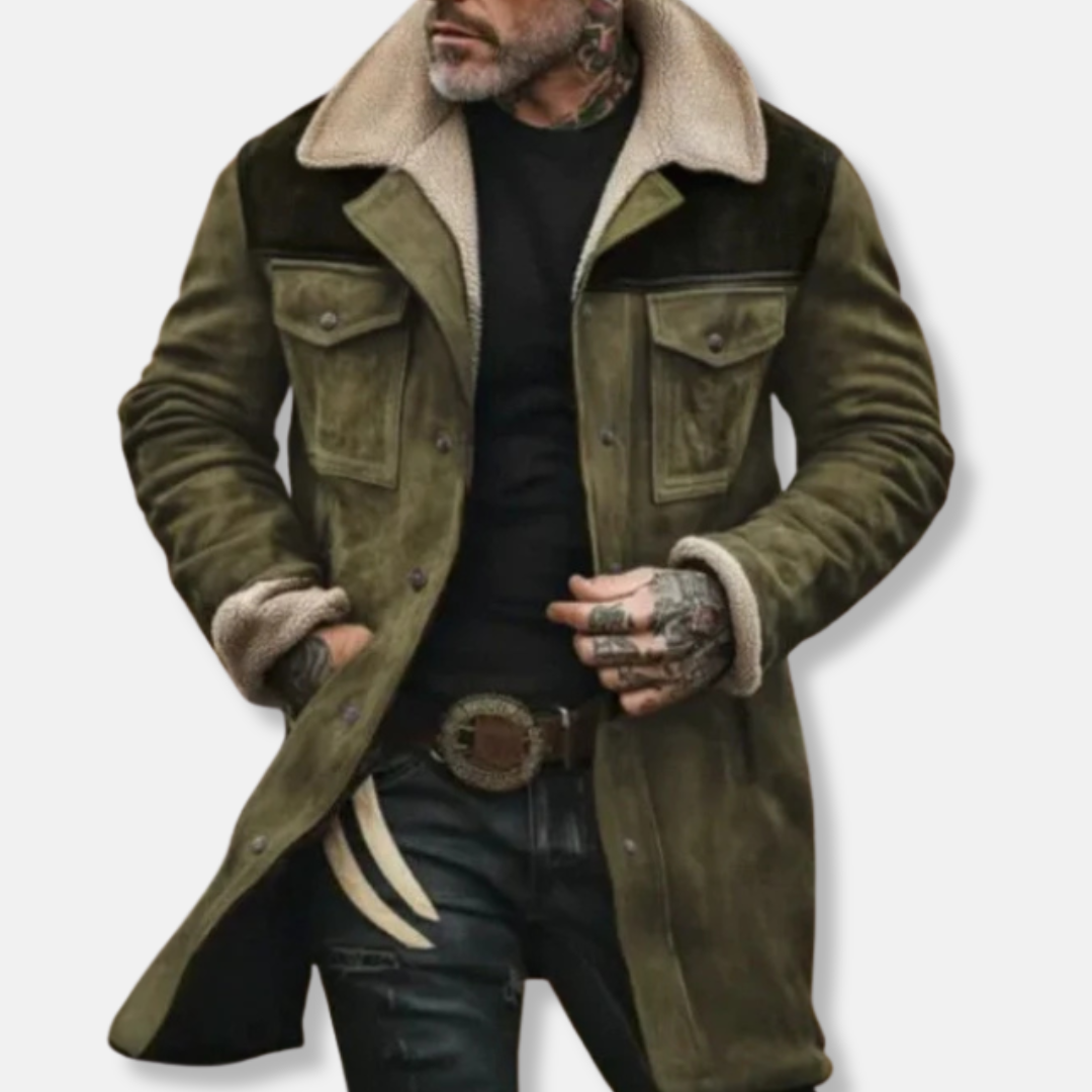 Men’s Casual Long Coat – Suede Texture – Faux Shearling Collar – Button-Up Front 2