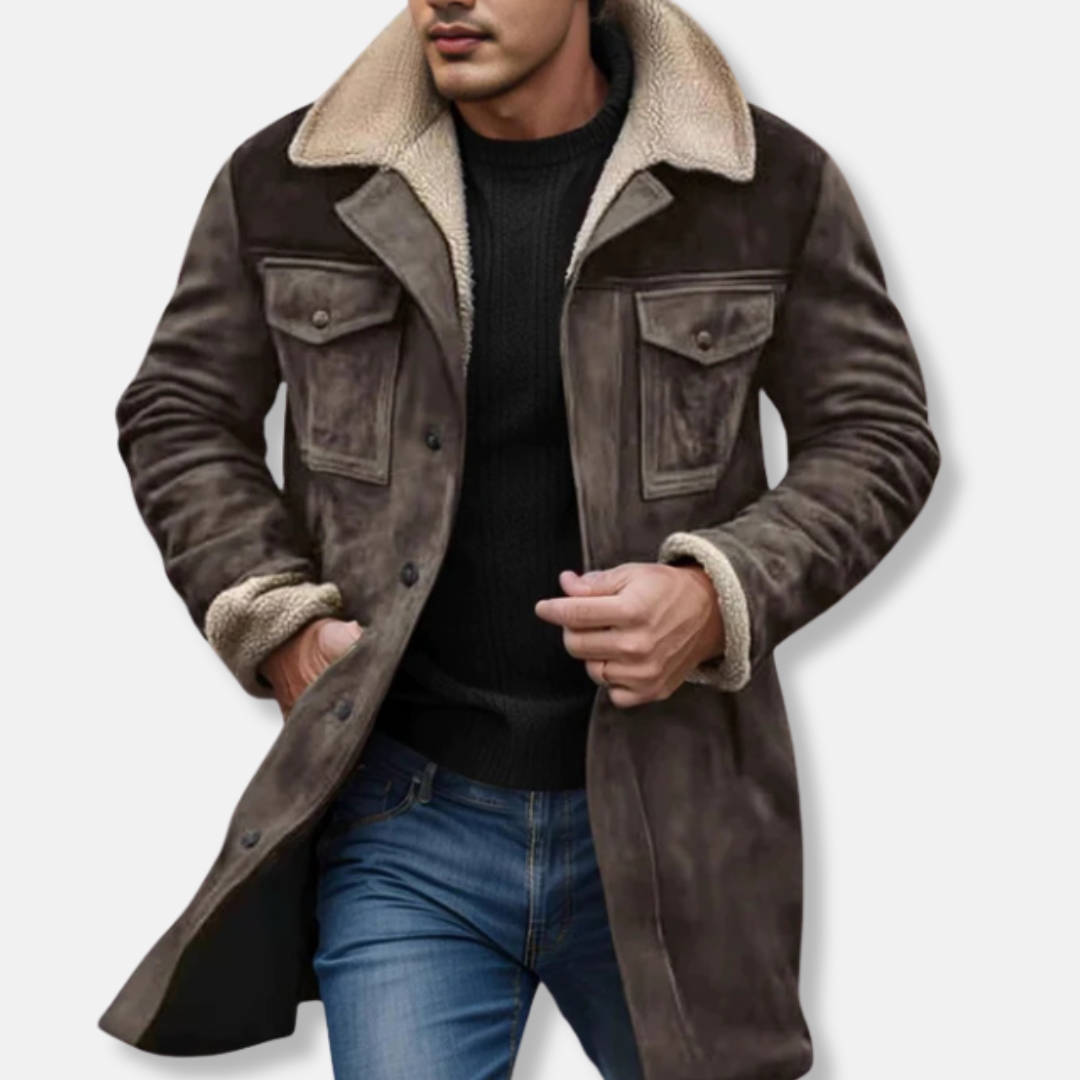 Men’s Casual Long Coat – Suede Texture – Faux Shearling Collar – Button-Up Front 3