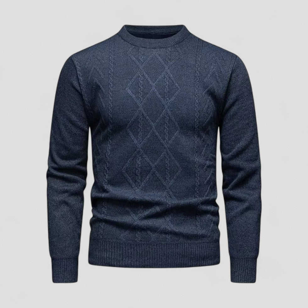 Men’s Casual Round Neck Knitted Sweater with Diamond Pattern