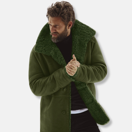 Men’s Coat – Relaxed Fit – Shearling Collar – Button Front – Mid-Thigh Length 0