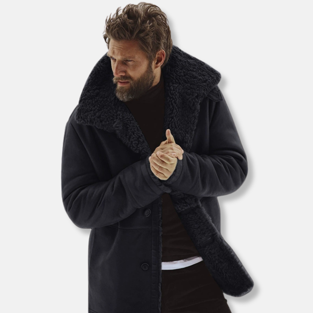 Men’s Coat – Relaxed Fit – Shearling Collar – Button Front – Mid-Thigh Length 1