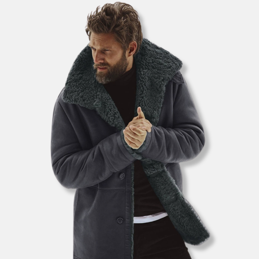 Men’s Coat – Relaxed Fit – Shearling Collar – Button Front – Mid-Thigh Length 2